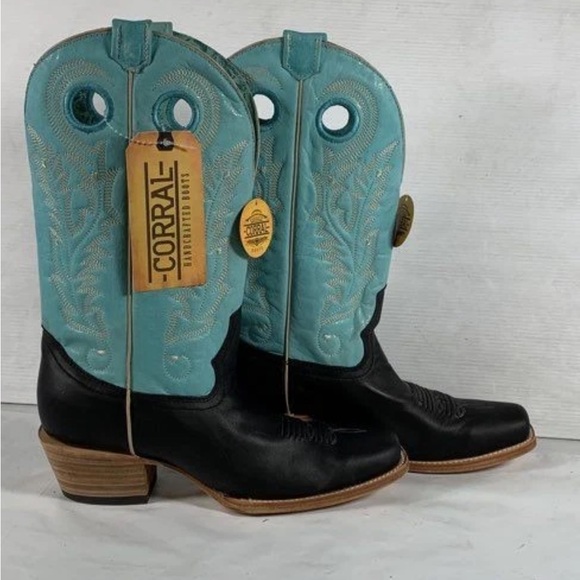 Corral Shoes - Corral Black/Blue Embroidery Pull Holes Square Toe Western Boots Women US 11 NWT